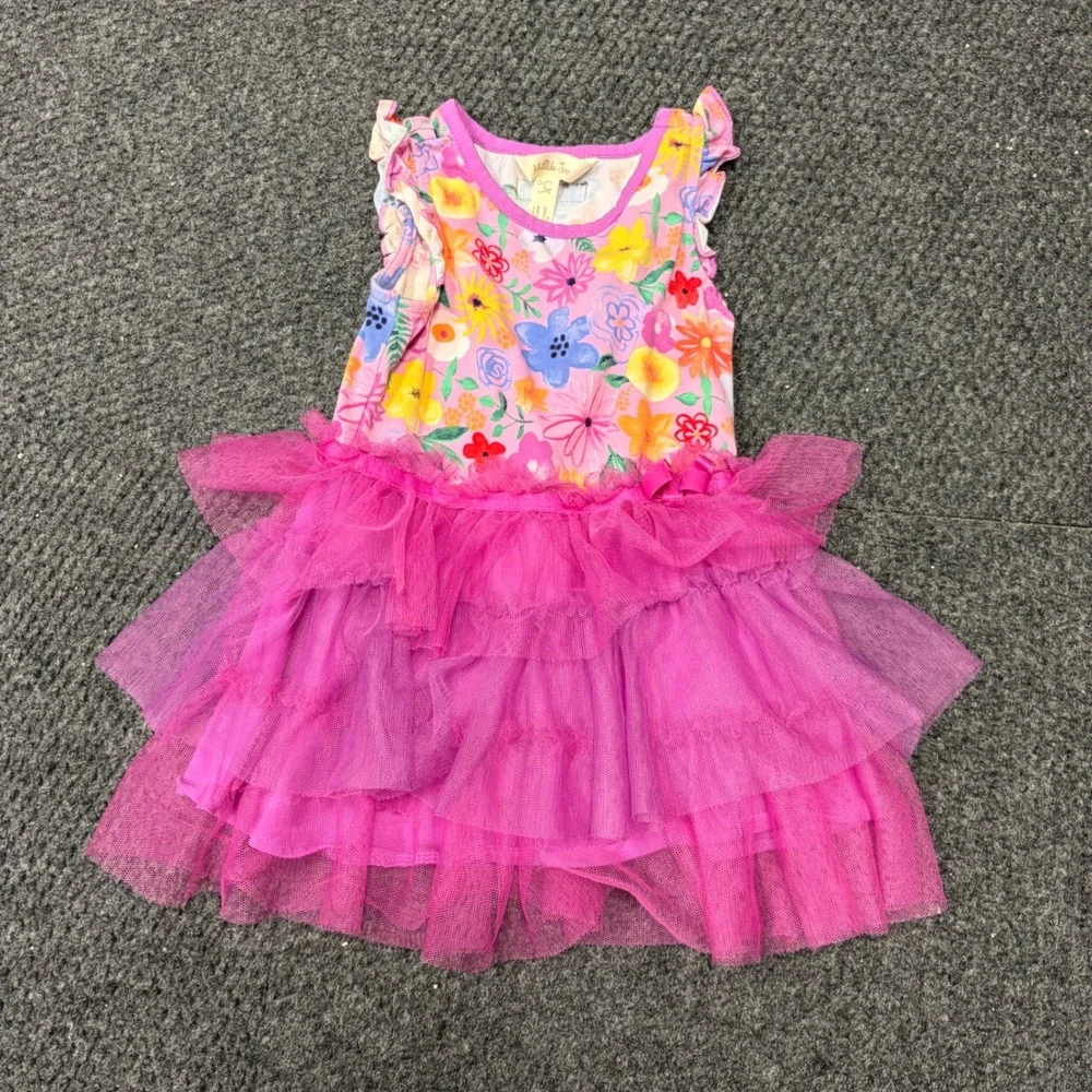 Matilda Jane Girls Floral Tulle Tutu Dress Pink Flutter Sleeve Size 2